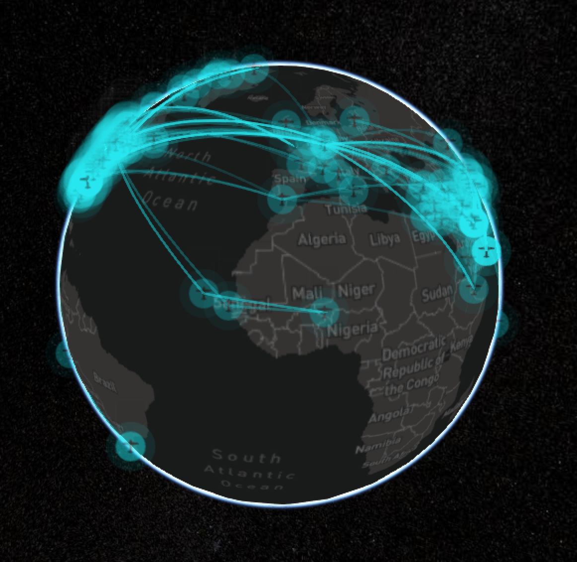 Flight routes connecting airports across Europe, Africa, and the Americas on Arelplane’s globe